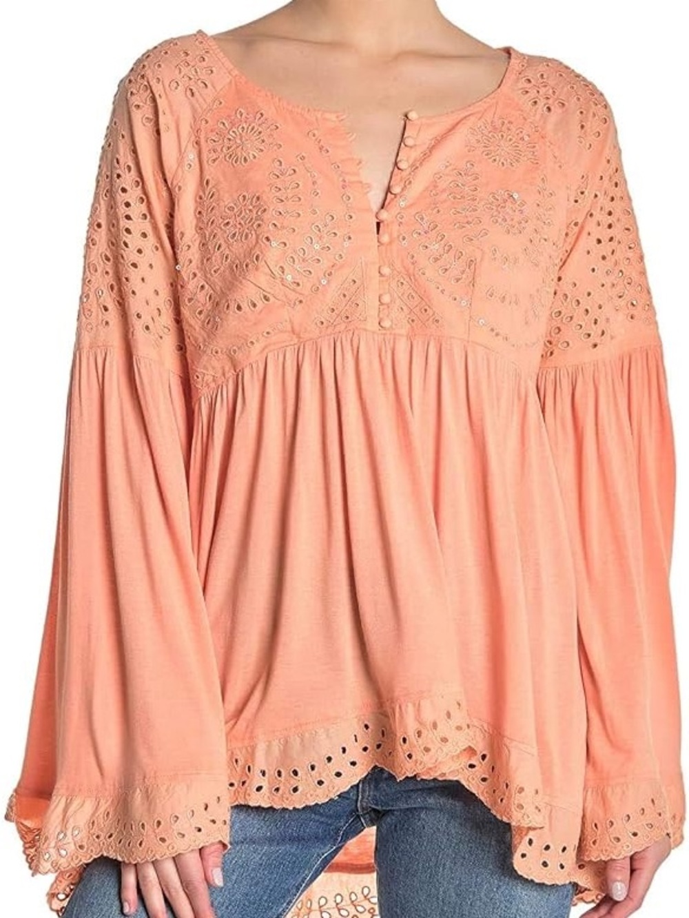 Free People Sea of Love Peasant top Peach Eyelet Sequin New